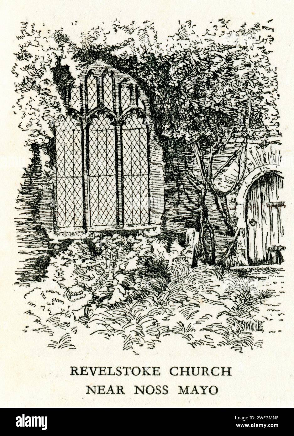 Pen and ink sketch - Revelstoke Church near Noss Mayo. Illustration from the book Glorious Devon.  by S.P.B. Mais, published by London Great Western Railway Company, 1928 Stock Photo