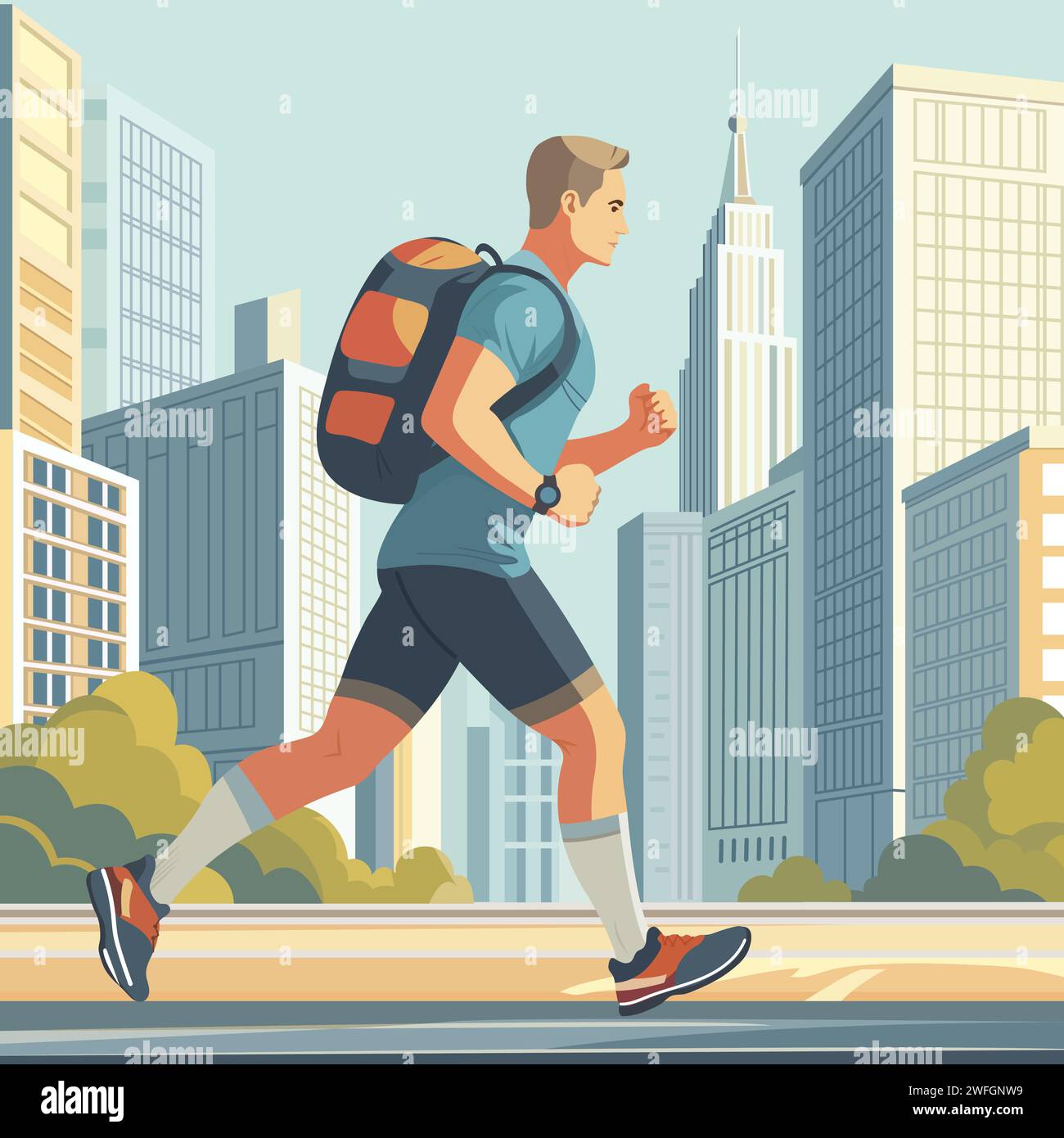 Vector illustration Rucking workout. Man run with ruck weighted