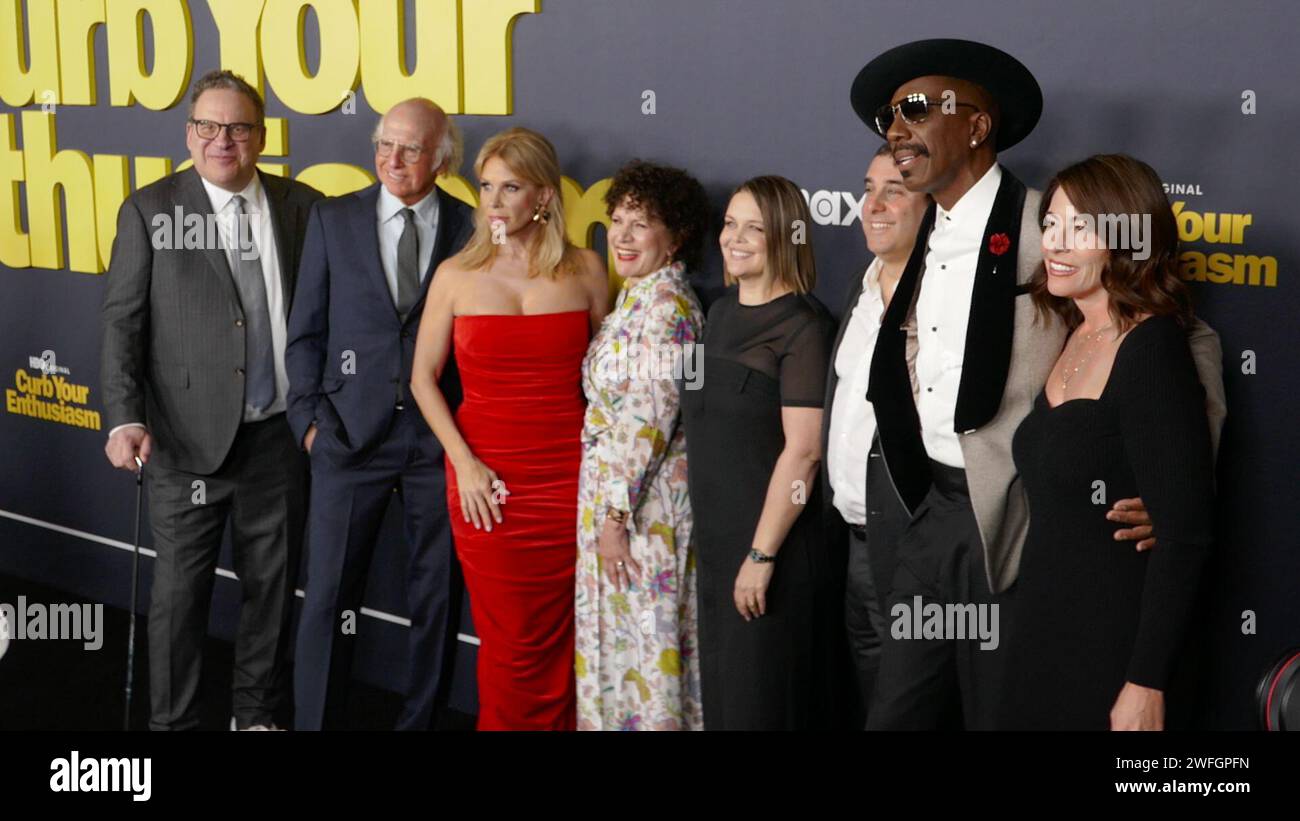 Los Angeles, California, USA 30th January 2024 (L-R) Comedian Jeff Garlin, Actress Cheryl Hines, Actor Larry David, Actress Susie Essman, Amy Gravitt, Producer Jeff Schaffer, Comedian J.B. Smoove and Laura Streicher attend HBOÕs Season 12 Premiere of Curb Your Enthusiasm at DGA Theatre on January 30, 2024 in Los Angeles, California, USA. Photo by Barry King/Alamy Live News Stock Photo