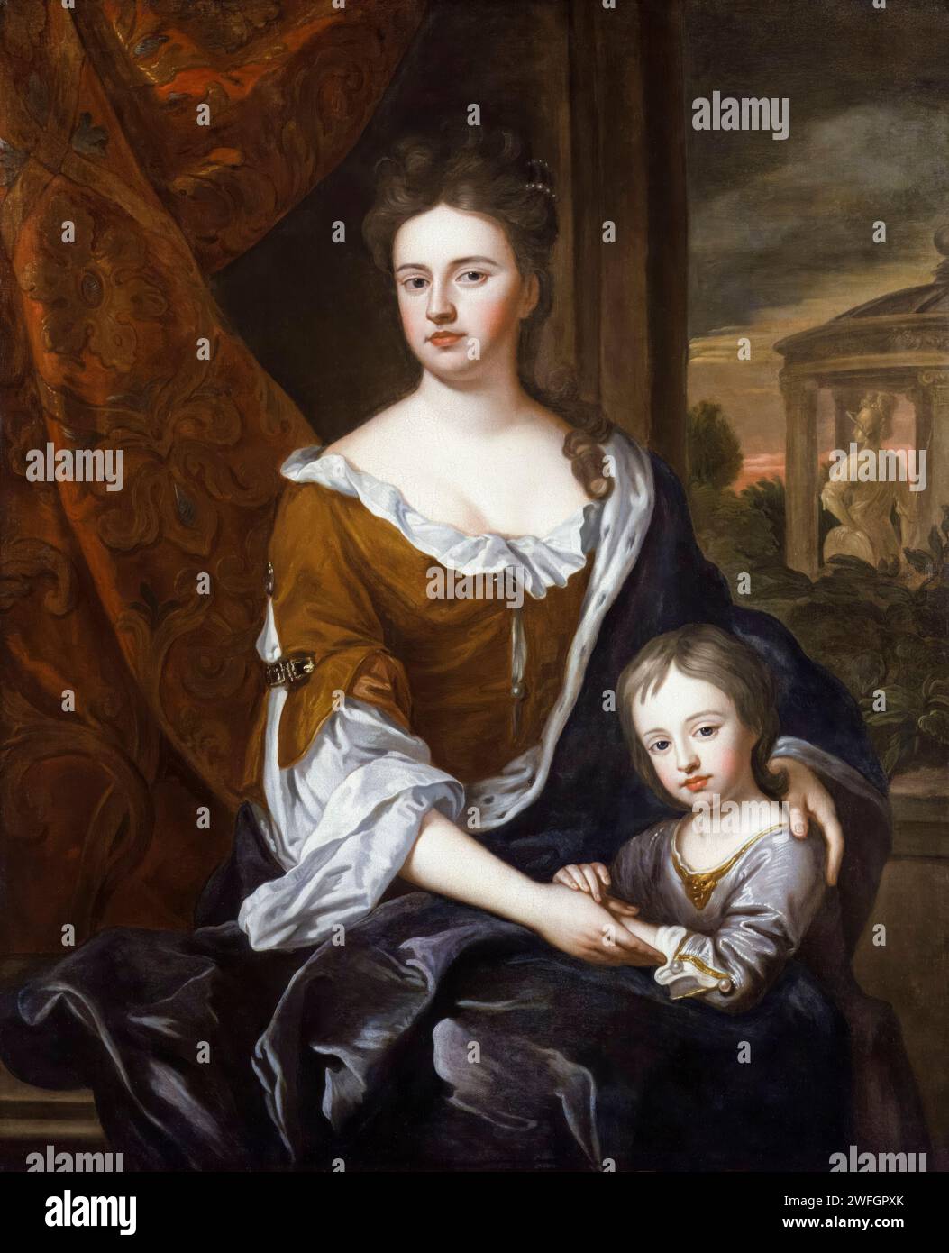 Queen Anne (1665-1714) and her son Prince William, Duke of Gloucester (1689-1700), portrait painting in oil on canvas after Sir Godfrey Kneller, circa 1694 Stock Photo