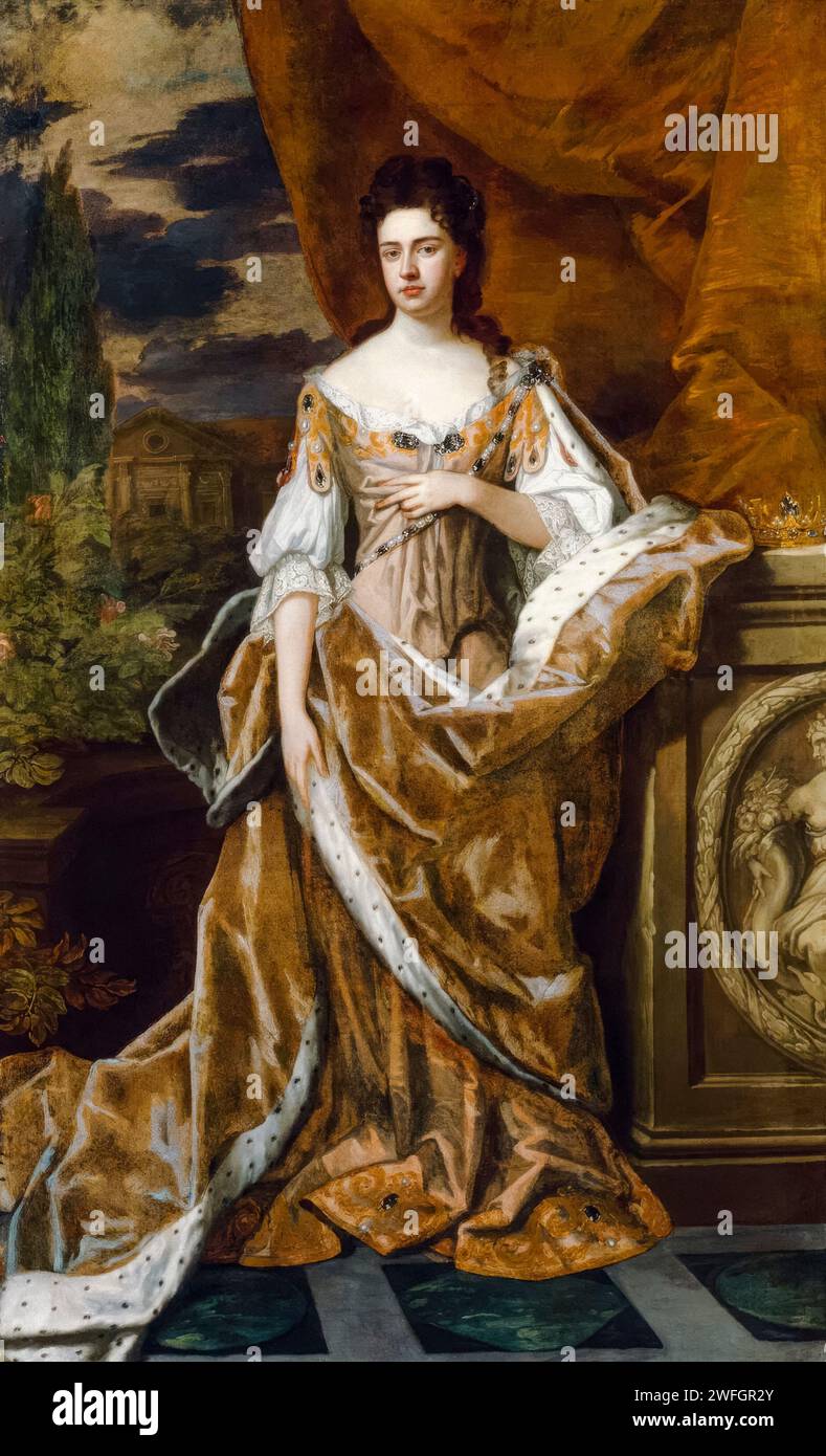 Queen Anne (1665-1714), Queen of England, Scotland, and Ireland (1702-1707), Queen of Great Britain and Ireland (1707-1714), portrait painting in oil on canvas by Sir Godfrey Kneller, circa 1690 Stock Photo