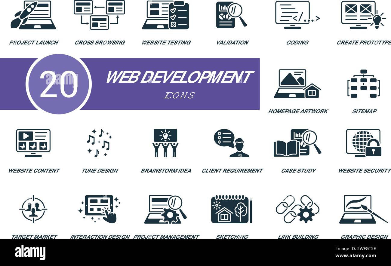 Web development set. Creative icons: project launch, cross browsing, website testng, validation, coding, create prototype, homepage artwork, sitemap Stock Vector