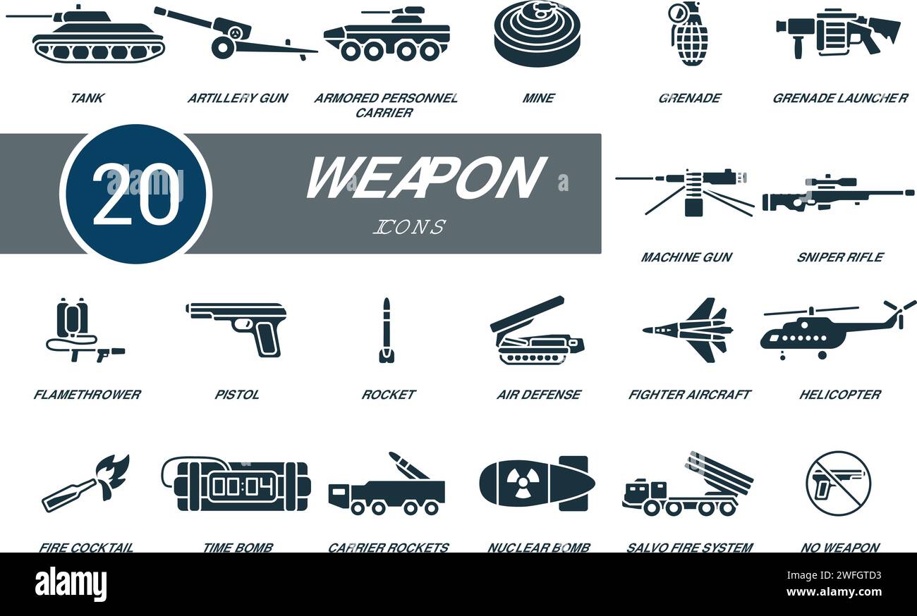 Weapon set. Creative icons: tank, artillery gun, armored personnel carrier, mine, grenade, grenade launcher, machine gun, sniper rifle, flamethrower Stock Vector