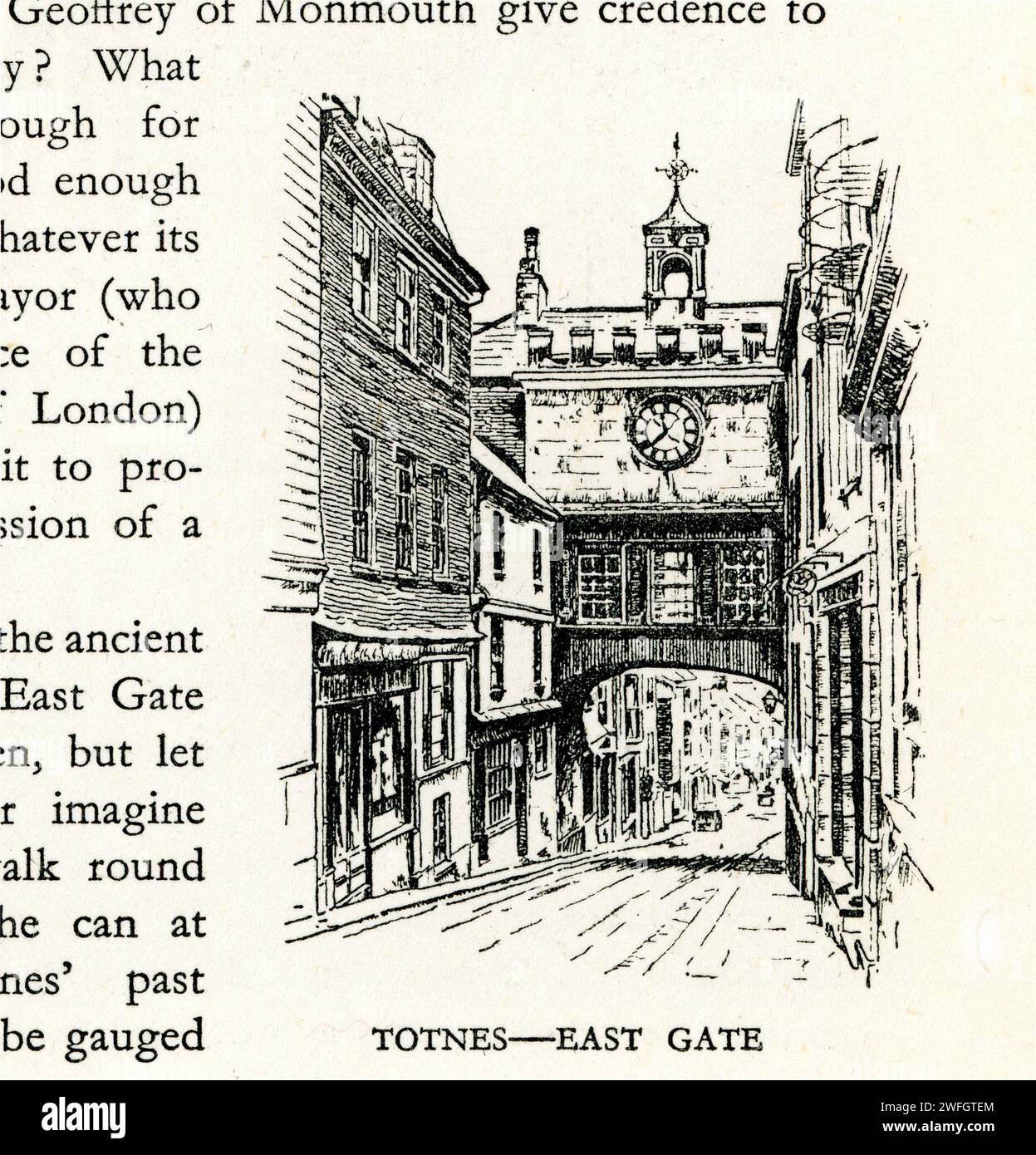 Pen and ink sketch -  Totnes - East Gate, South Hams district,  Devon.  Illustration from the book Glorious Devon.  by S.P.B. Mais, published by London Great Western Railway Company, 1928 Stock Photo