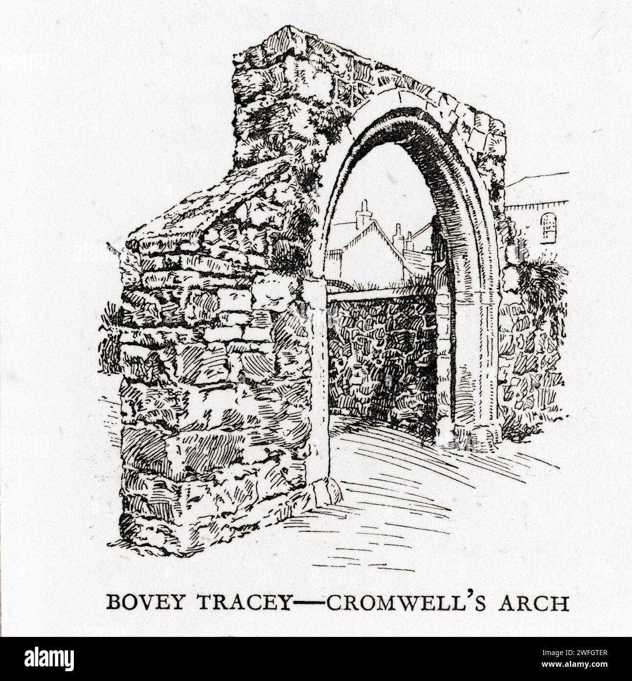 Pen and ink sketch - Cromwell's Arch, Bovey Tracey,  Devon. Illustration from the book Glorious Devon, by S.P.B. Mais, published by London Great Western Railway Company, 1928 Stock Photo