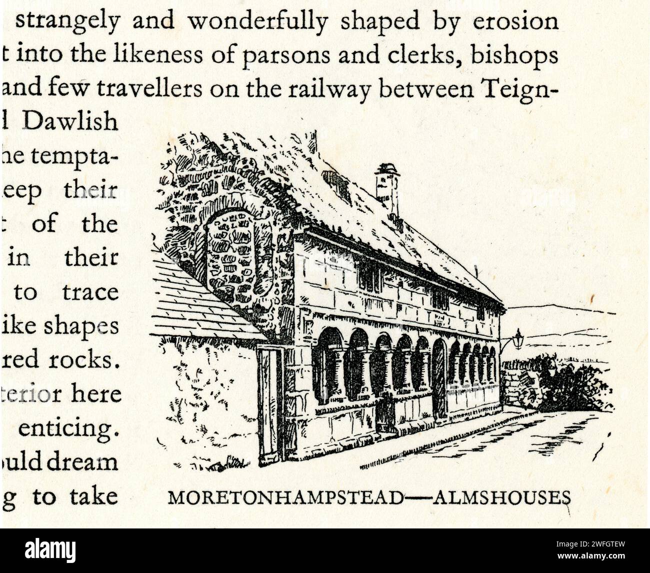 Pen and ink sketch. Moreton Hampstead, Dartmoor, Devon, Medieval almshouses - illustration from the book Glorious Devon, published by S.P.B. Mais, published by London Great Western Railway Company, 1928 Stock Photo