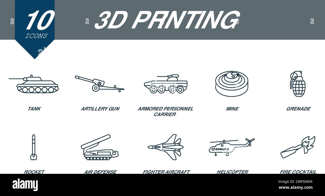 3d printing outline icons set. Creative icons: tank, artillery gun, armored personnel carrier, mine, grenade, rocket, air defence, fighter aircraft Stock Vector