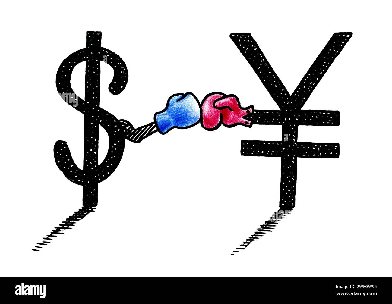 Hand drawn pen sketch of the US dollar sign challenging the Chinese Yuan or Japanese Yen currency symbol in a boxing match. Economic concept for excha Stock Photo