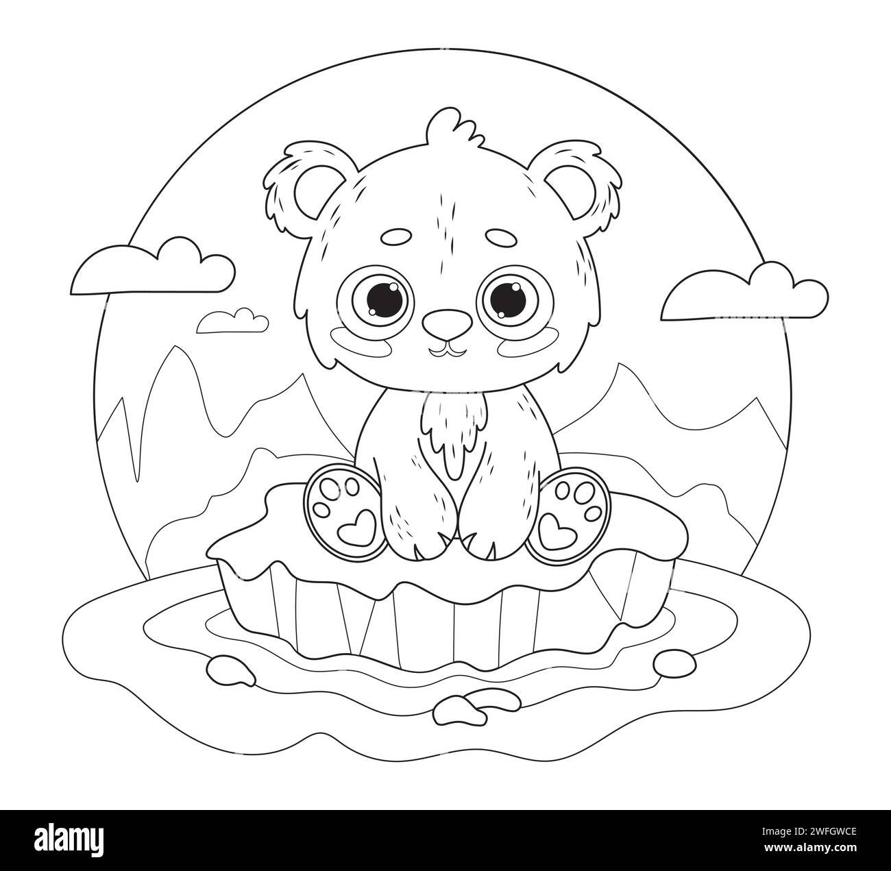 Cute little polar bear on ice floe. Vector illustration. Line drawing, coloring book. Kids collection. Holiday Polar Bear Day Stock Vector