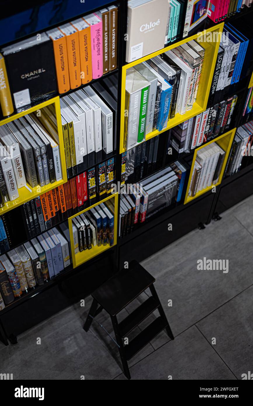 shelf bookstore showcase. general plan top view. books in a bookstore. Kazakhstan, Almaty, December 27, 2023 Stock Photo