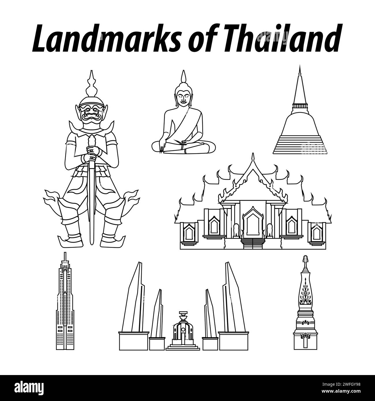 Bundle of Thailand famous landmarks by silhouette outline style,vector illustration Stock Vector