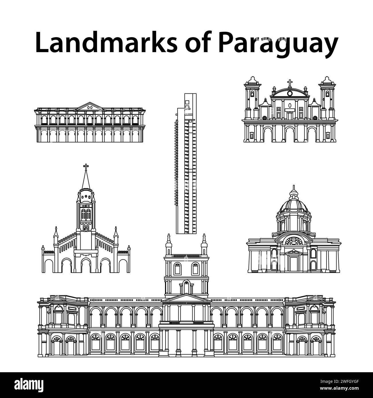 set of paraguay famous landmarks by silhouette outline style,vector illustration Stock Vector