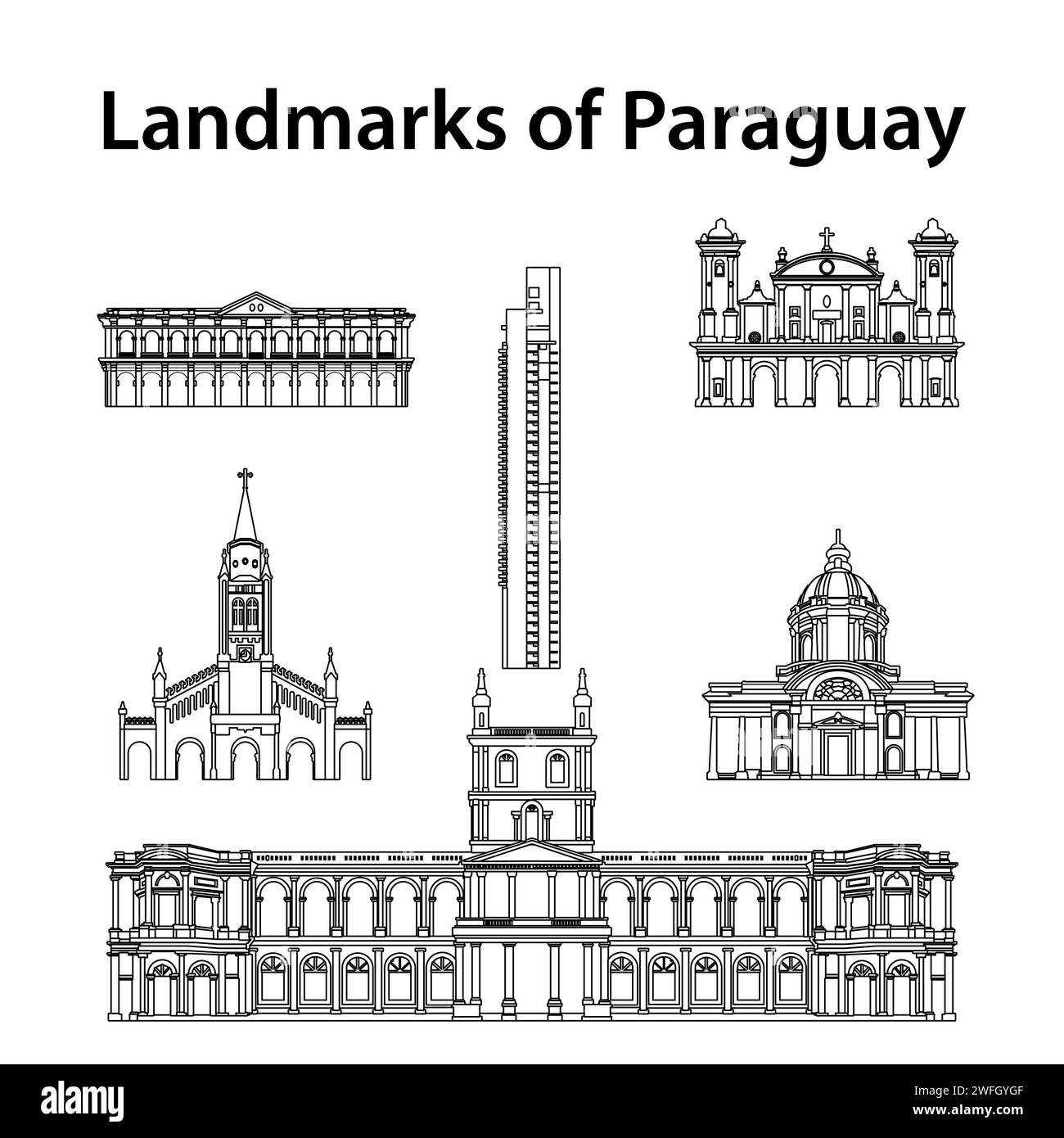 set of paraguay famous landmarks by silhouette outline style,vector ...