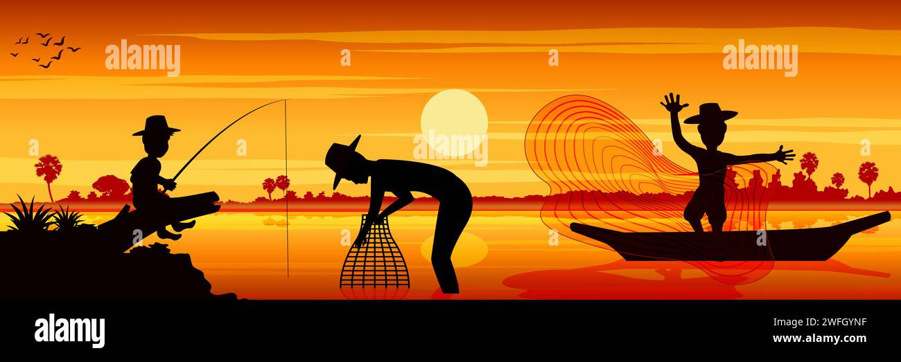 Silhouette picture of how to catching fish on sunset time,vector illustration Stock Vector