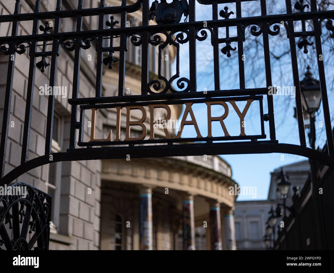 A sign reading Library outside the National Library of Ireland, Dublin city. Stock Photo