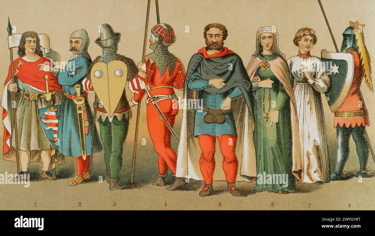 History of Germany. 14th century. From left to right, 1: Count of Thuringia, 2-5-8: knights in battle dress, 3-4: ordinary people armed, 6-7: noble dames. Chromolithography. 'Historia Universal', by César Cantú. Volume VI, 1885. Stock Photo