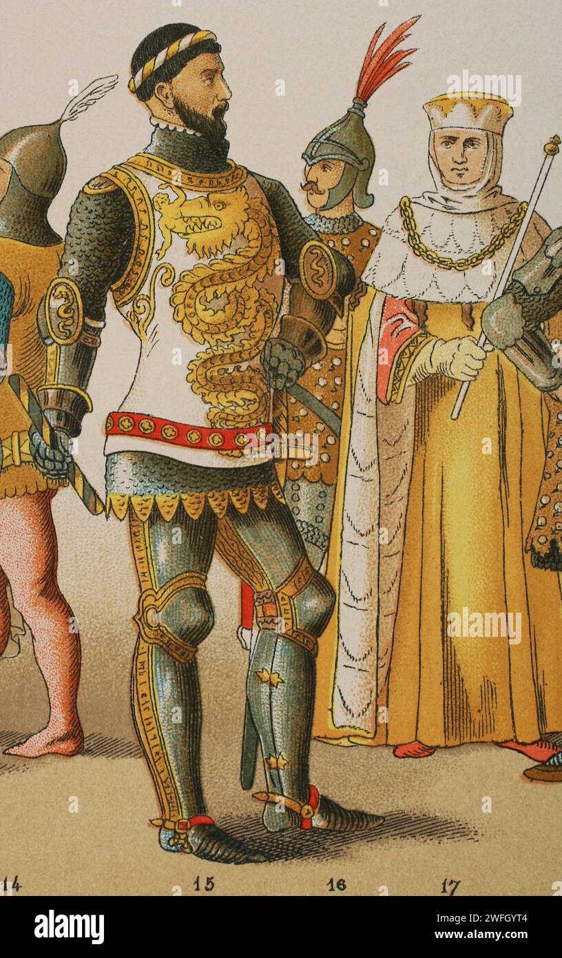 Histoy of Italy. 1300. From left to right, 15: Bernabo Visconti (1319-1385), Lord of Milan (1349-1385), 16: Venetian warrior (at the background)), 17: Roman senator. Chromolithography. 'Historia Universal', by César Cantú. Volume VI, 1885. Stock Photo