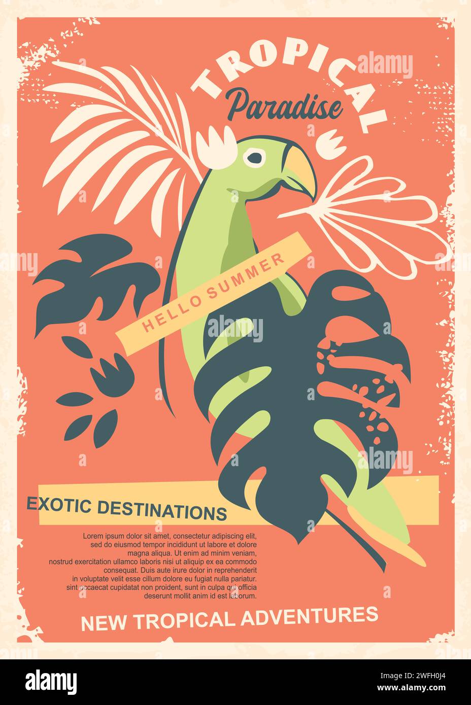 Tropical paradise promotional travel poster with green Amazon parrot and leaves and plants graphics. Exotic summer destinations vintage flyer. Bird ve Stock Vector