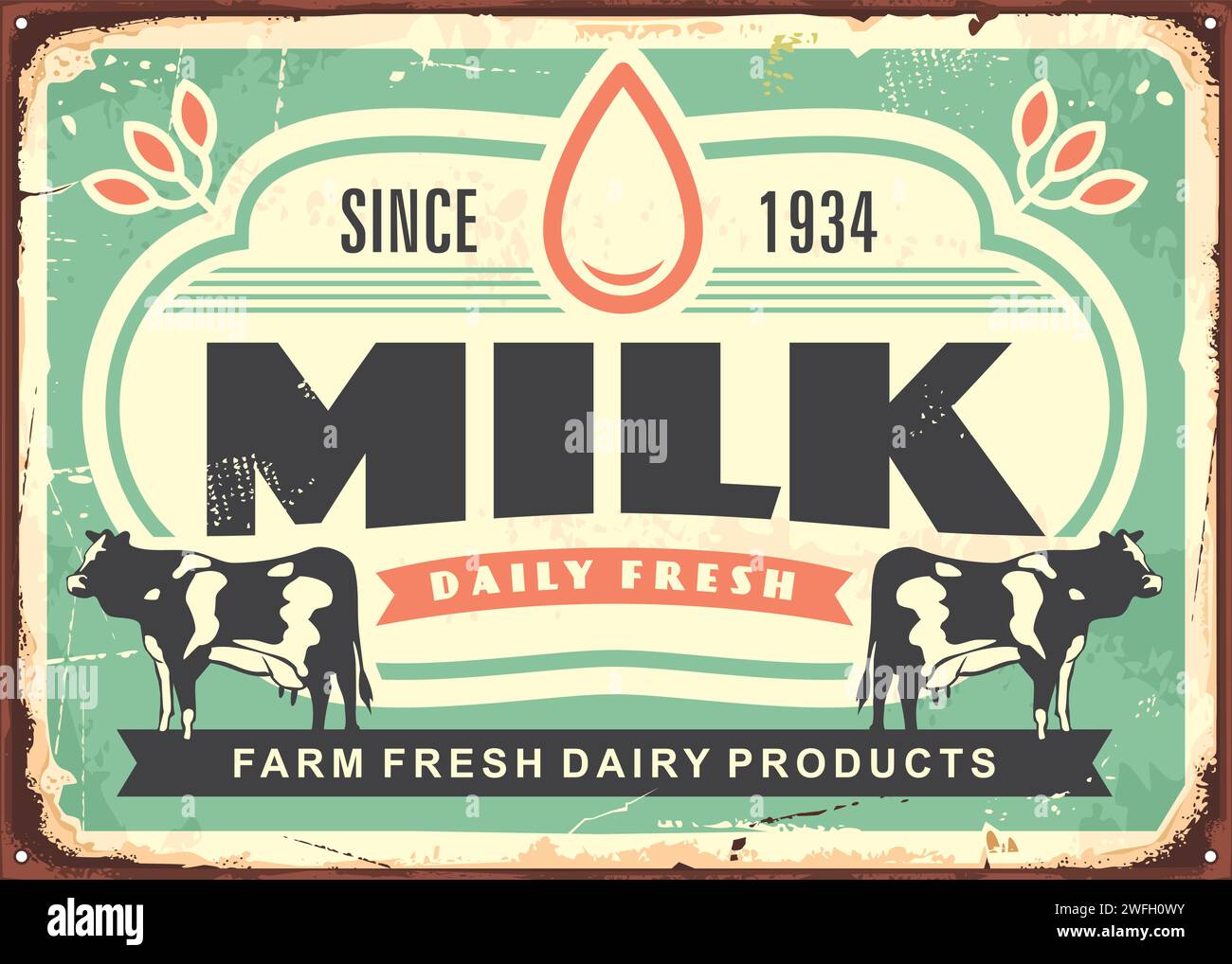 Milk farm fresh dairy products advertisement. Food and drink retro metal sign with cow graphics and creative inscription. Vintage milk vector poster. Stock Vector