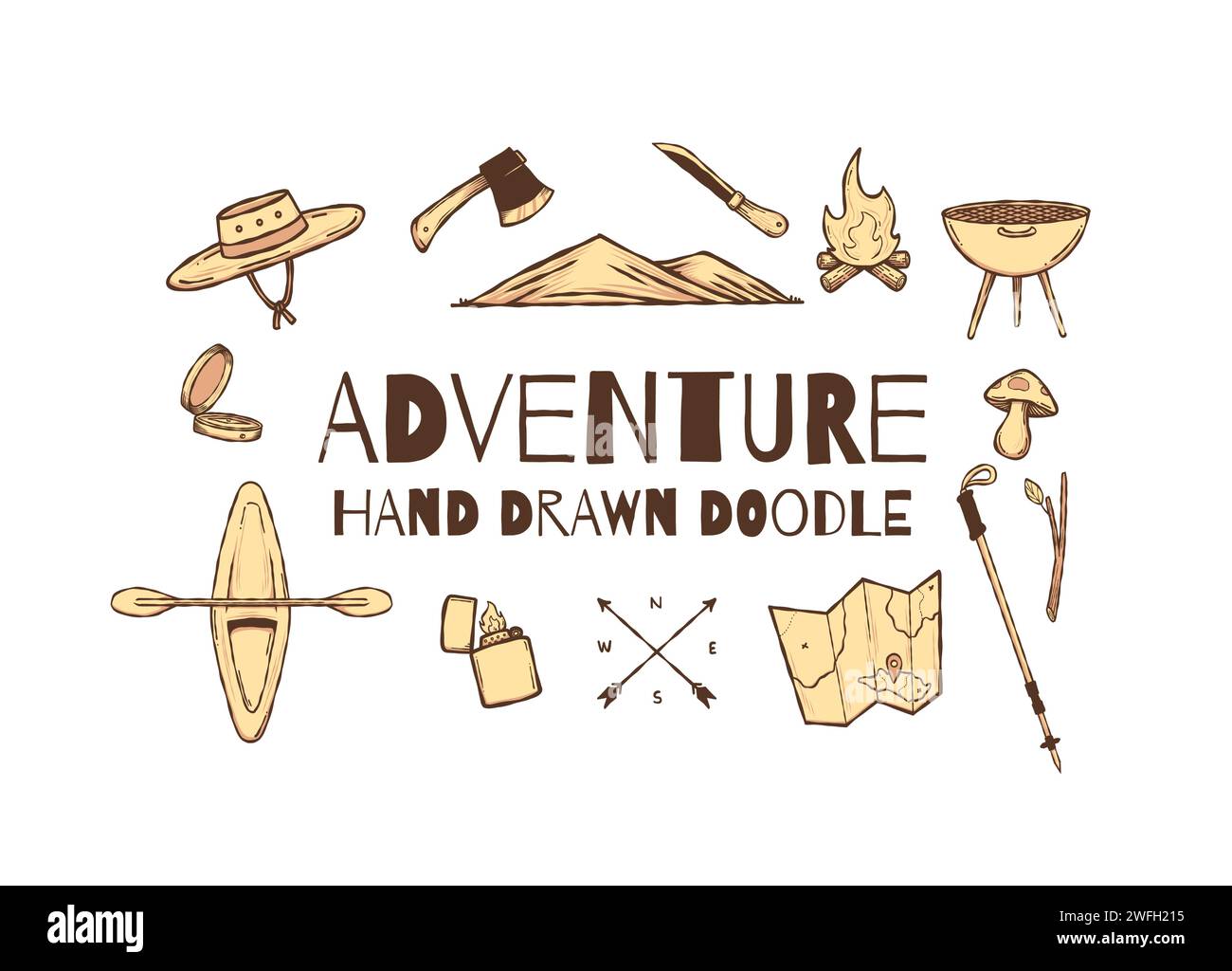 Hand drawn adventure doodle design elements vector illustration collection set Stock Vector