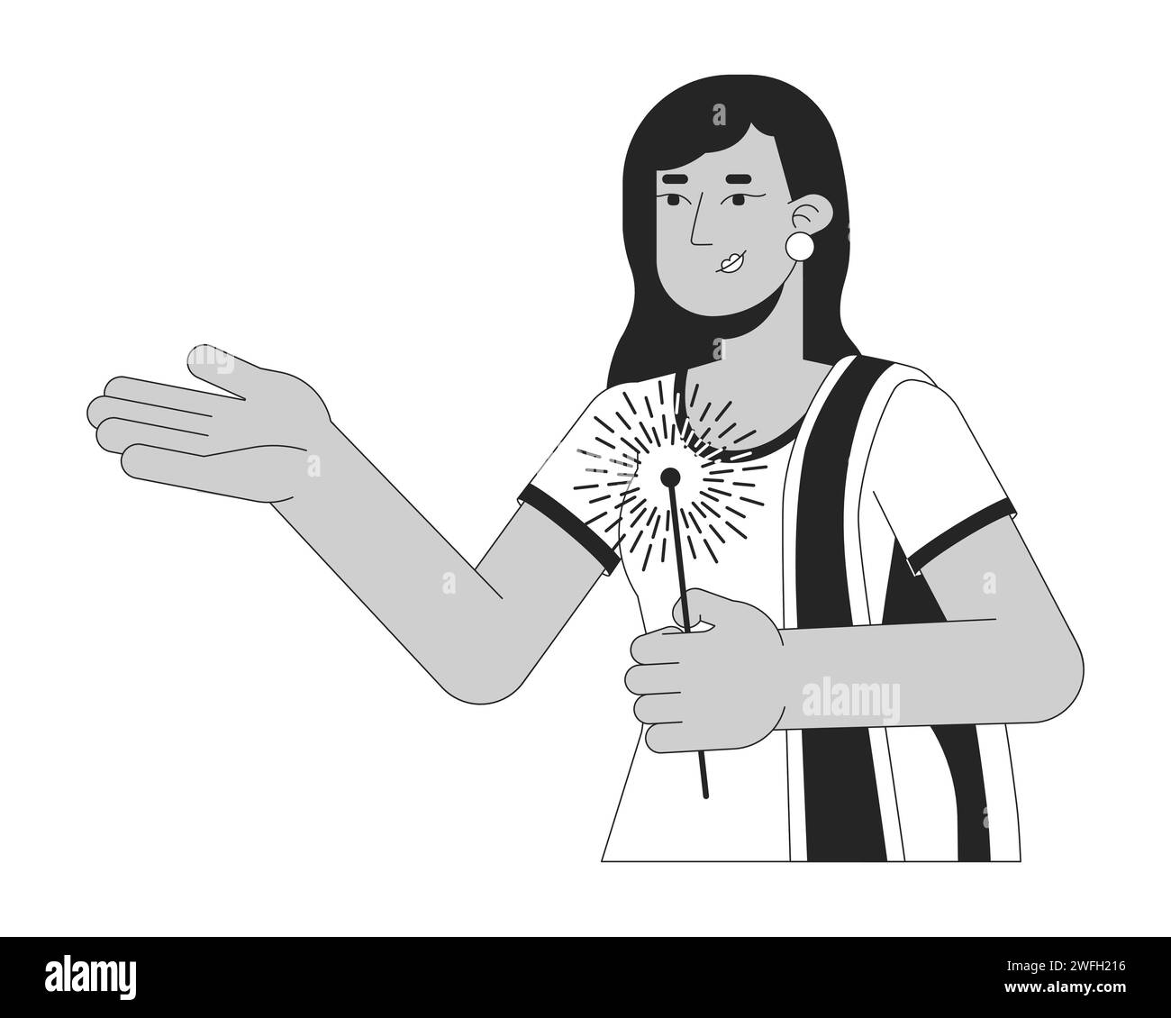 Saree indian lady holding sparkler black and white 2D line cartoon