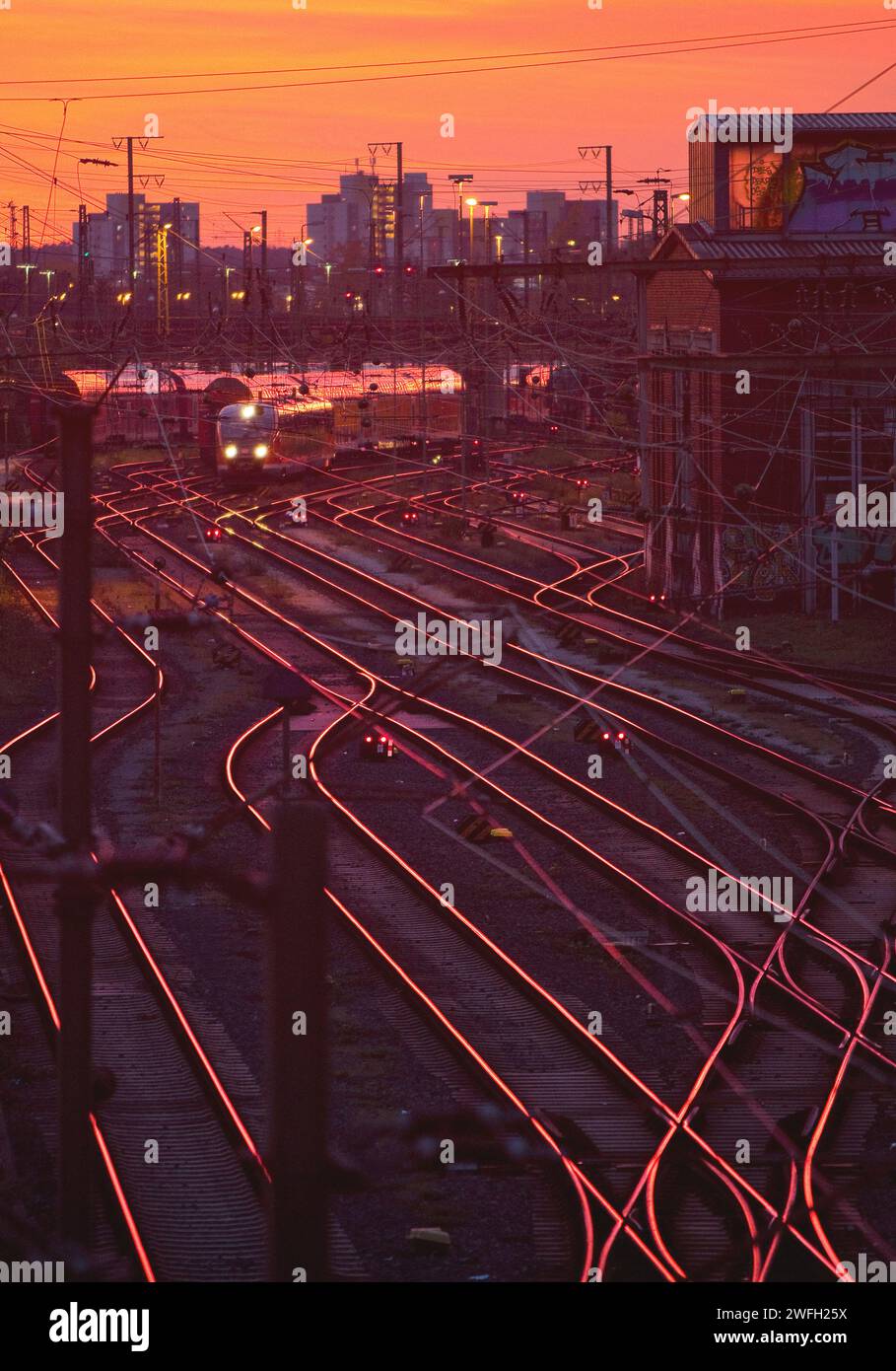 many tracks with a local train at sunset, Germany, Hesse, , Frankfurt am Main Stock Photo