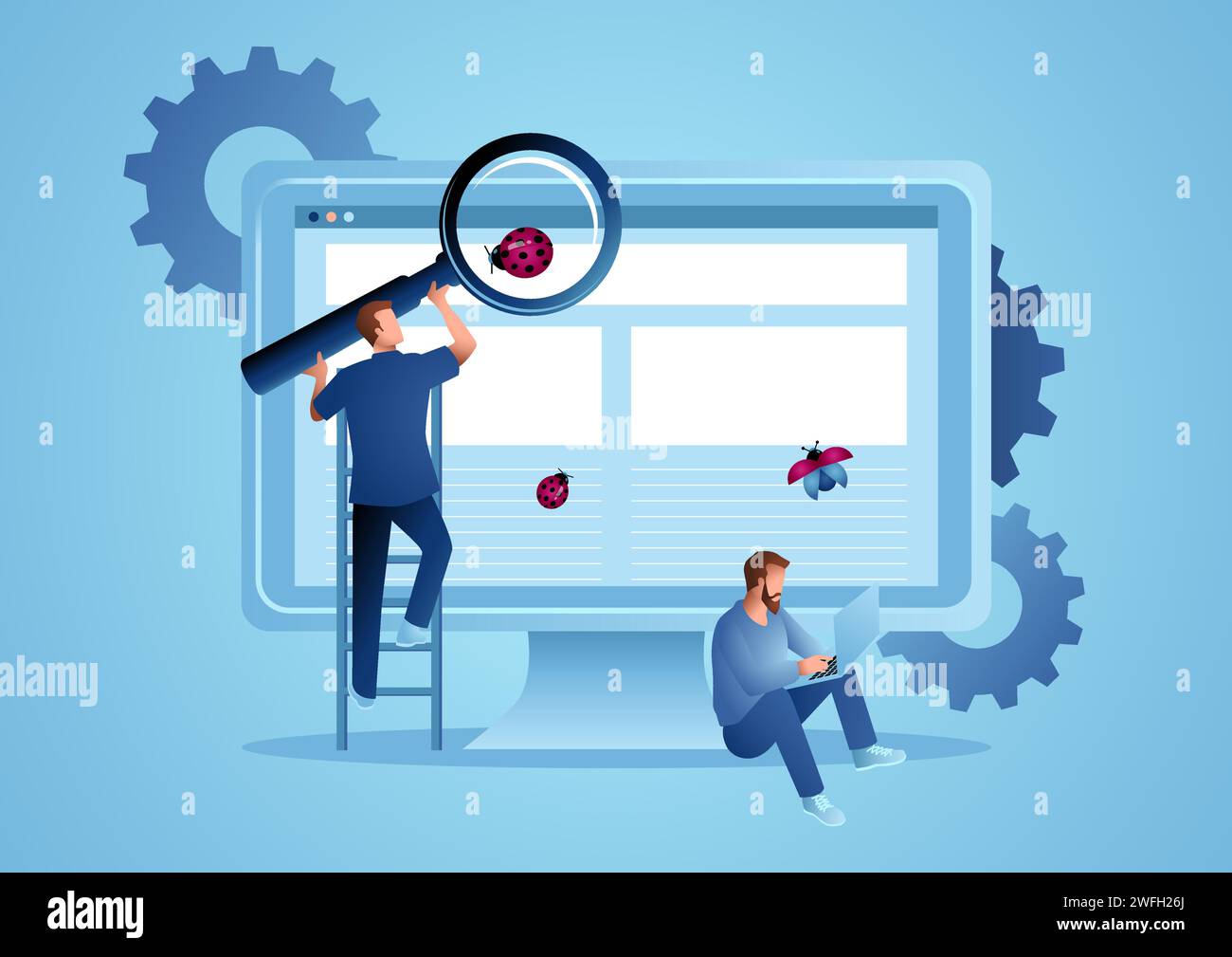 Casual computer analyst working together looking for computer bugs, beta testing, testing software, computer programming concept Stock Vector