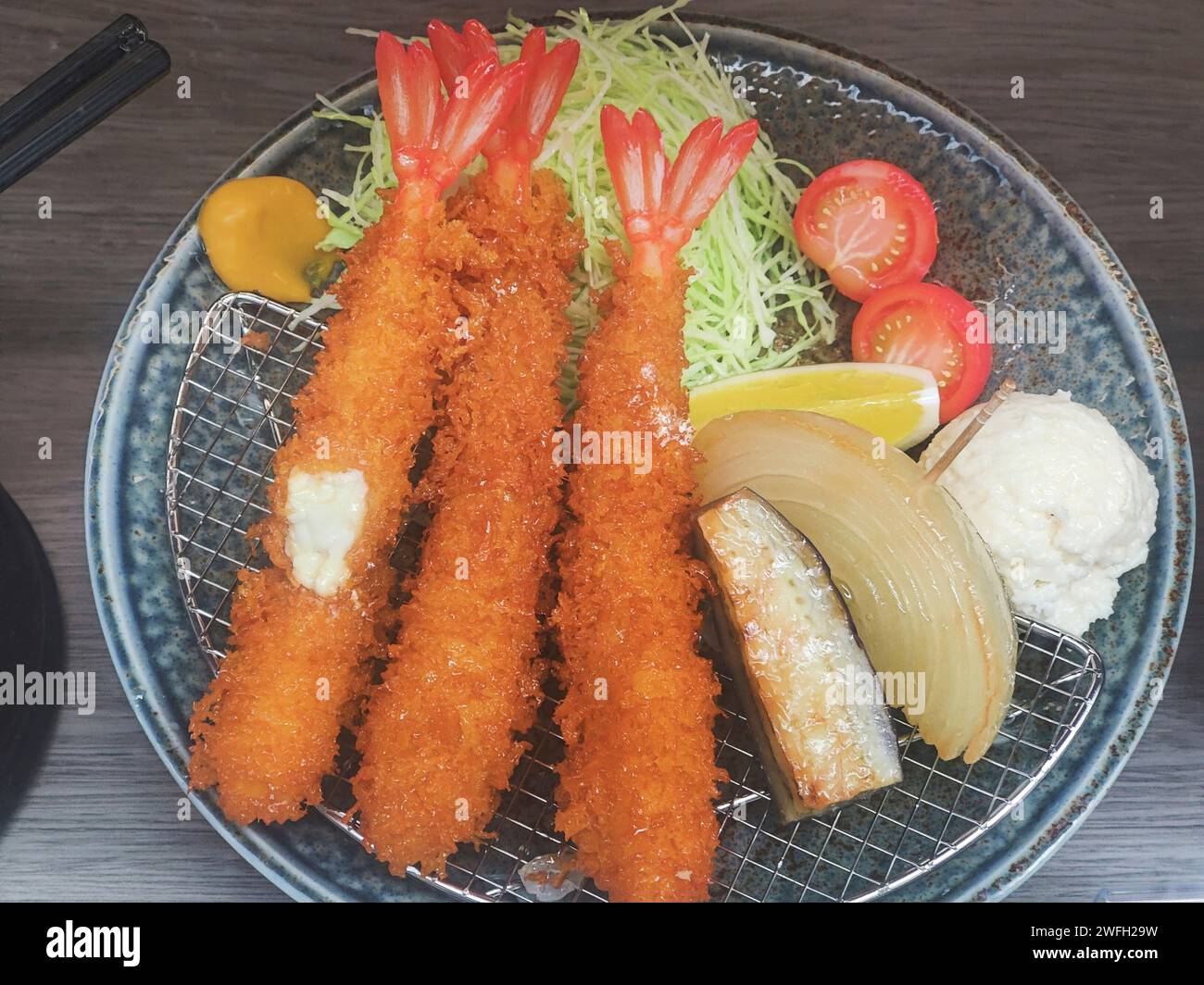 Prawn katsu with eggplant and onion katsu, Japanese food Stock Photo