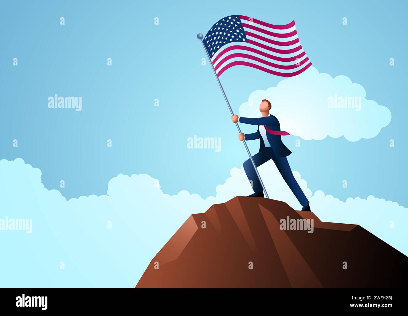 Businessman on top of the mountain holding the flag of USA, vector ...