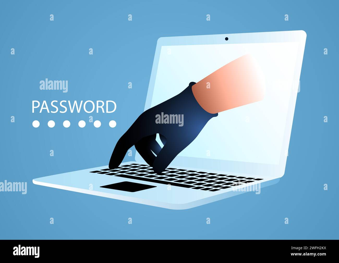 Hand in black glove comes out of the monitor screen and typing on the keyboard, data and password breach, vector illustration Stock Vector