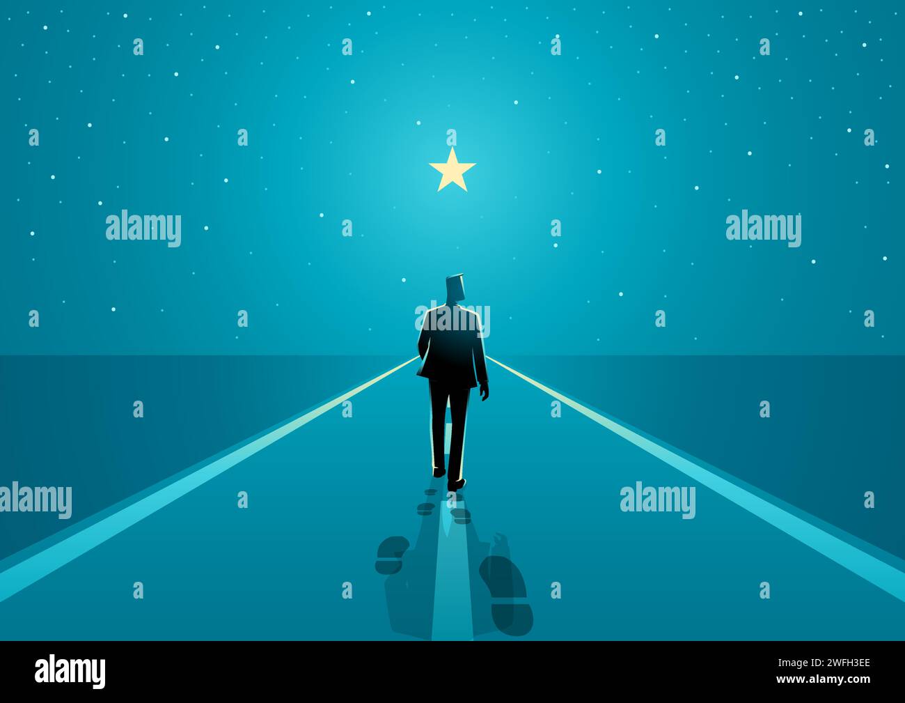 Man walks on the boundless road to the bright star, success journey, long journey starts with