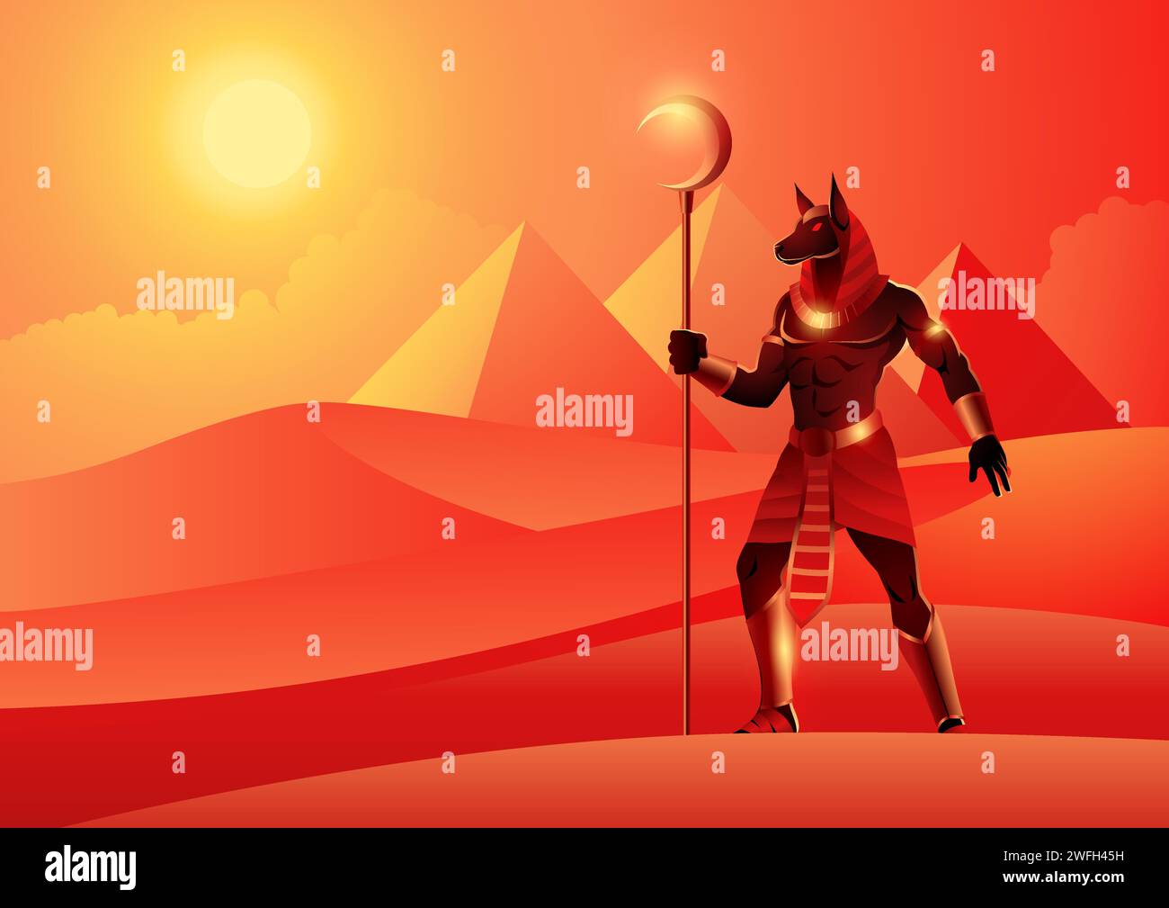 Egyptian god and goddess, Anubis, ancient Egyptian god of the dead, mythology vector illustration series Stock Vector