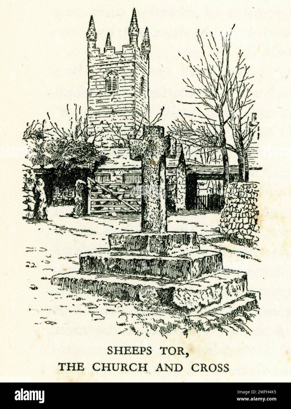Pen and ink sketch - Sheeps Tor - the church (St Leonard) and cross. Illustration from the book Glorious Devon, by S.P.B. Mais, published by London Great Western Railway Company, 1928 Stock Photo