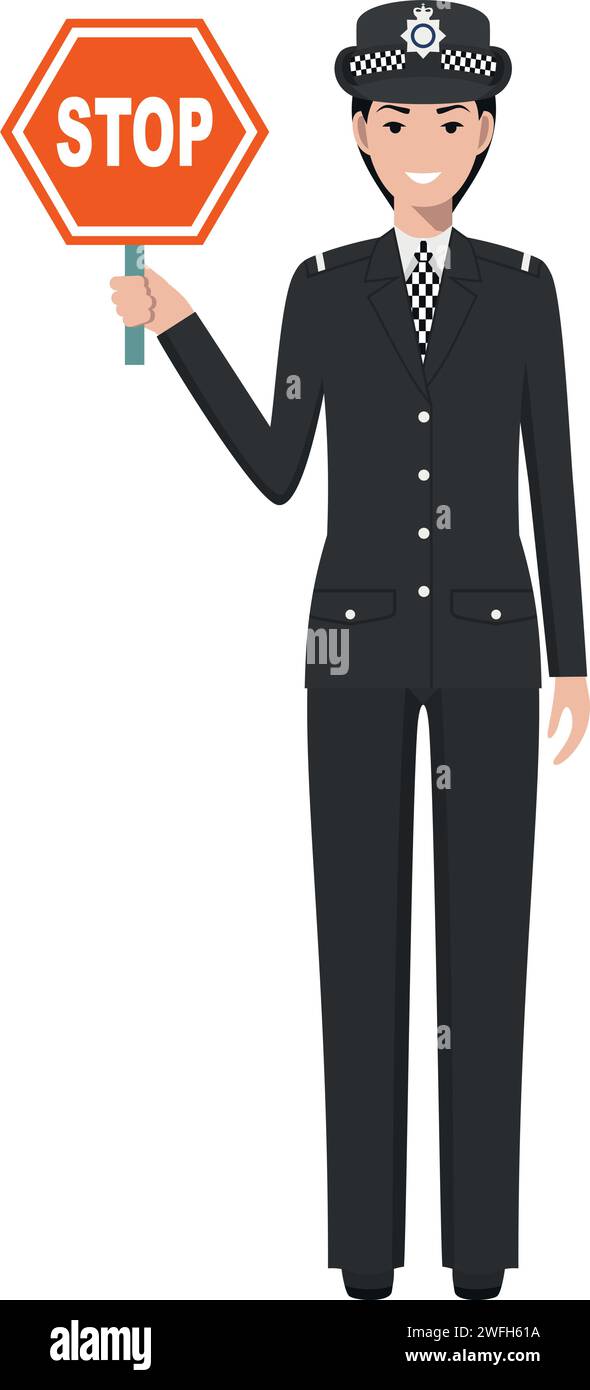 Standing British Policewoman Officer with Warning Sign Stop in Traditional Uniform Character Icon in Flat Style. Stock Vector