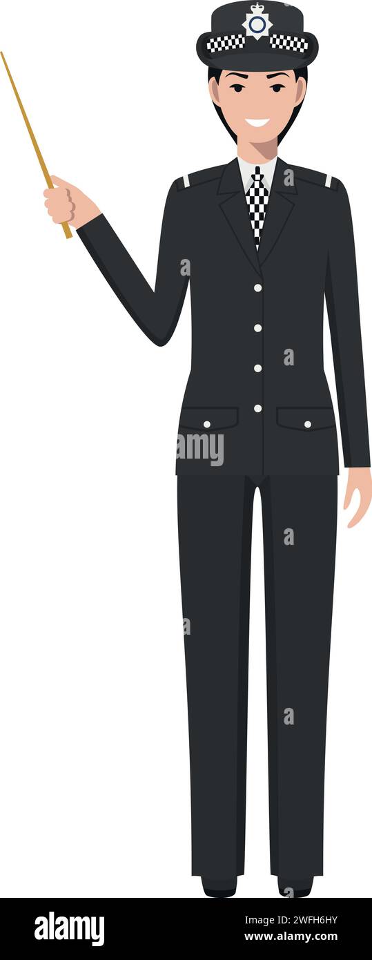 Standing British Policewoman Officer with Wooden Pointer Stick in Traditional Uniform Character Icon in Flat Style. Stock Vector