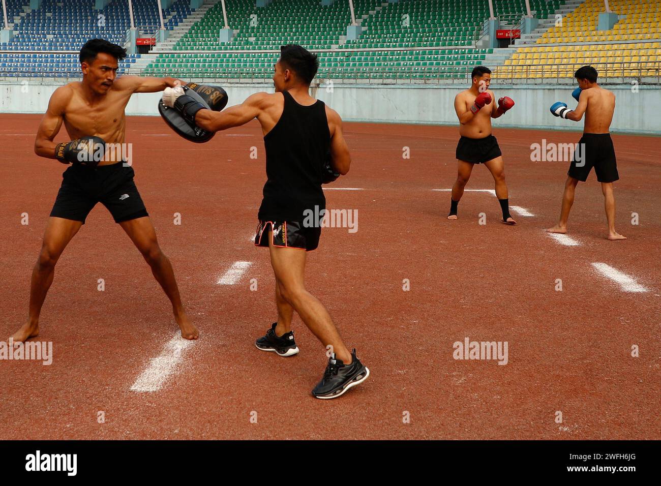January 31, 2024, Kathmandu, Nepal Kickboxing players practice at