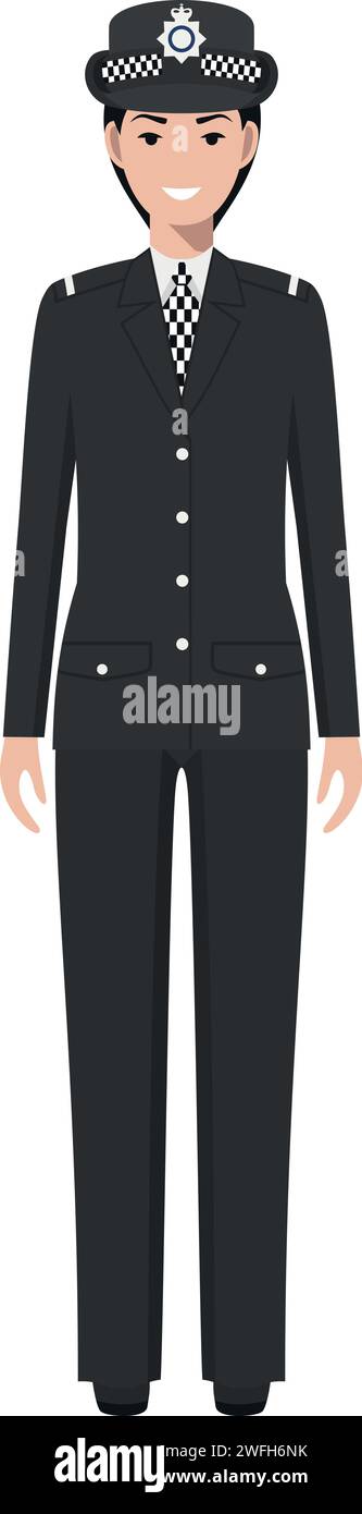 Standing British Policewoman Officer in Traditional Uniform Character Icon in Flat Style. Stock Vector