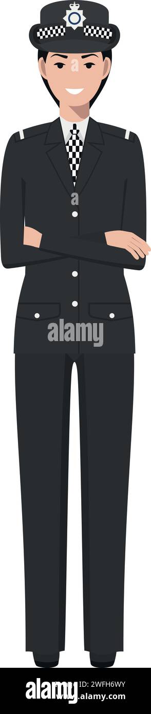 Standing British Policewoman Officer in Traditional Uniform Character Icon in Flat Style. Stock Vector