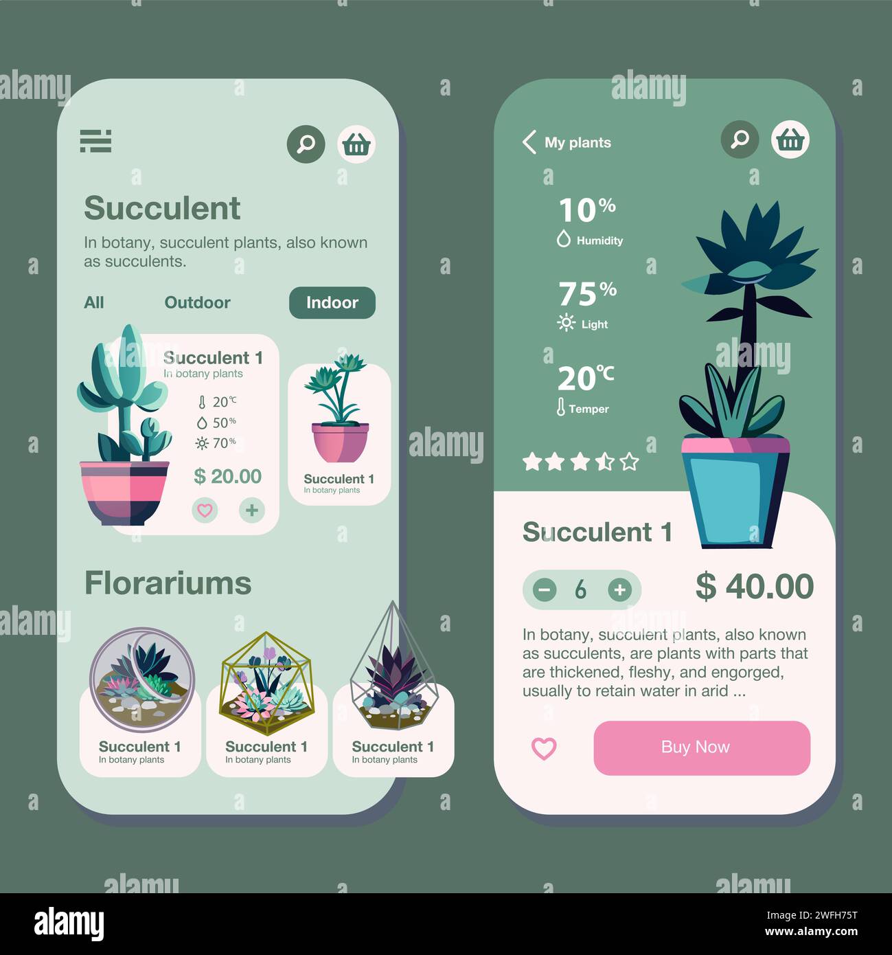 The planning and task scheduling app also includes an online plant purchasing feature that allows you to purchase plants, various succulents such as t Stock Vector