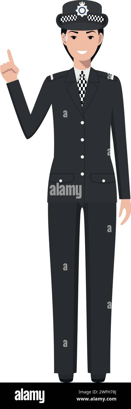 Standing British Policewoman Officer in Traditional Uniform Character Icon in Flat Style. Stock Vector