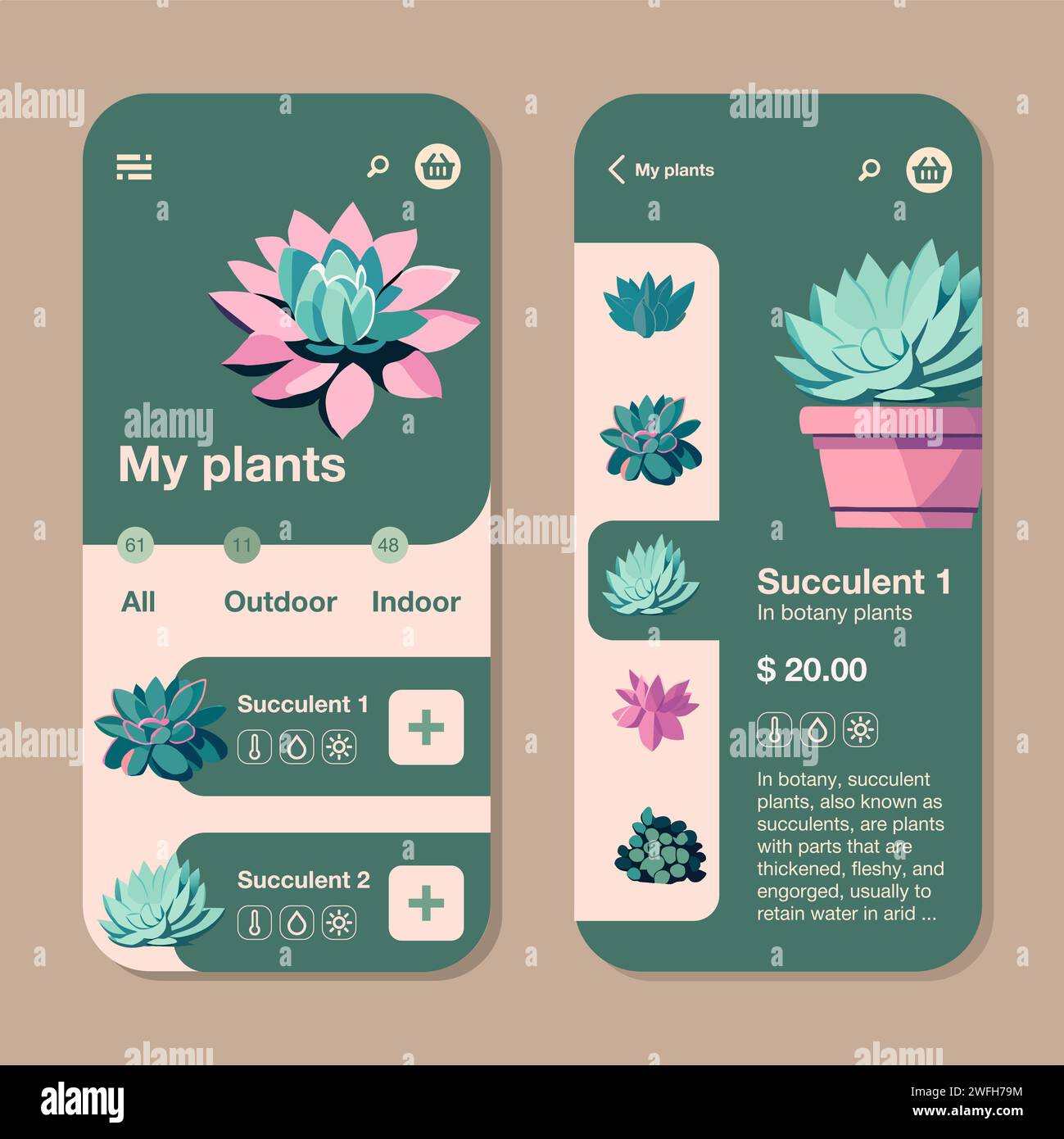 This garden management app allows you to plan every gardening task and leave reminders at the right time for various succulents, cacti, and tropical l Stock Vector