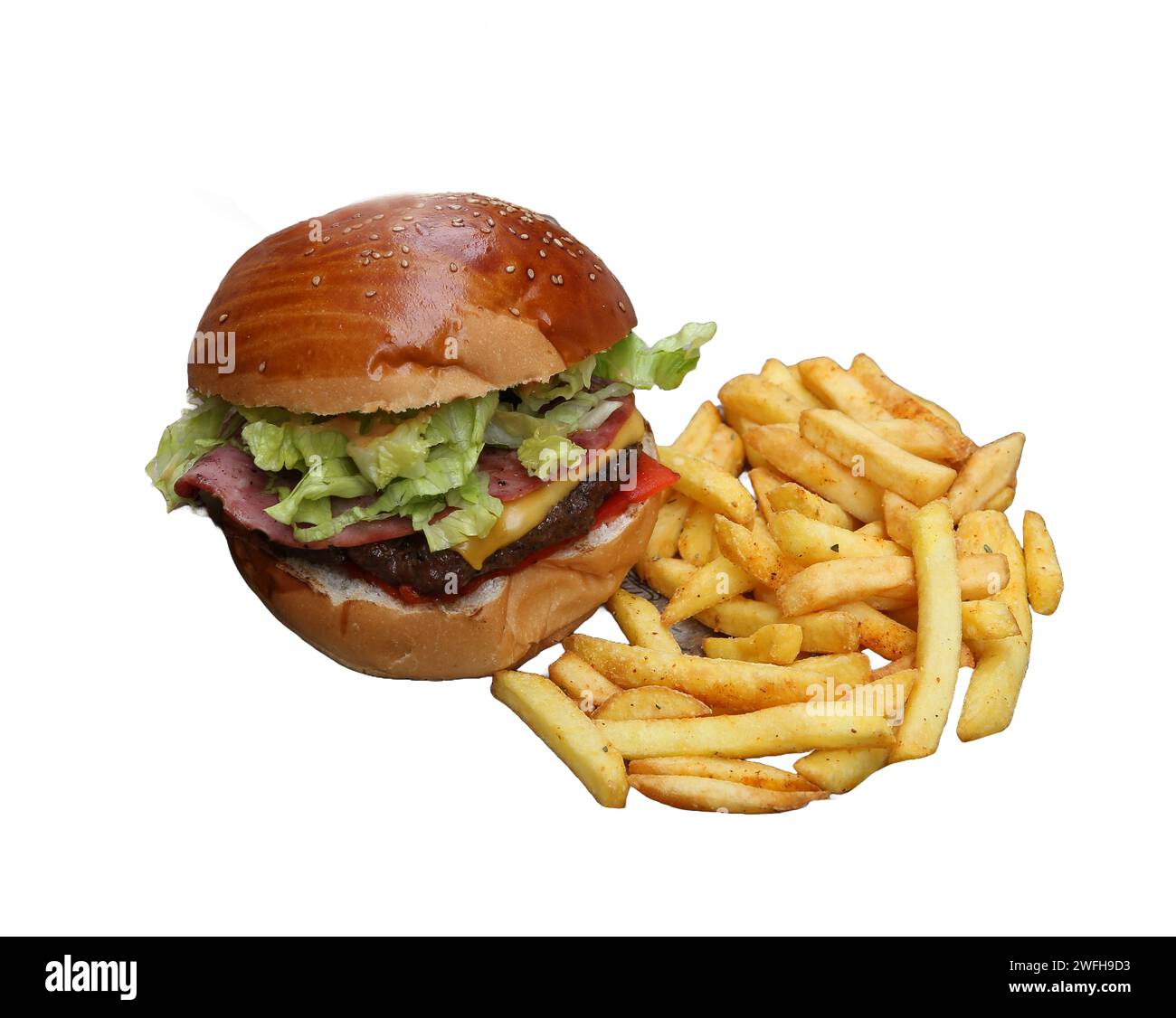 Bacon burger and fries with greens, isolated on white background Stock Photo