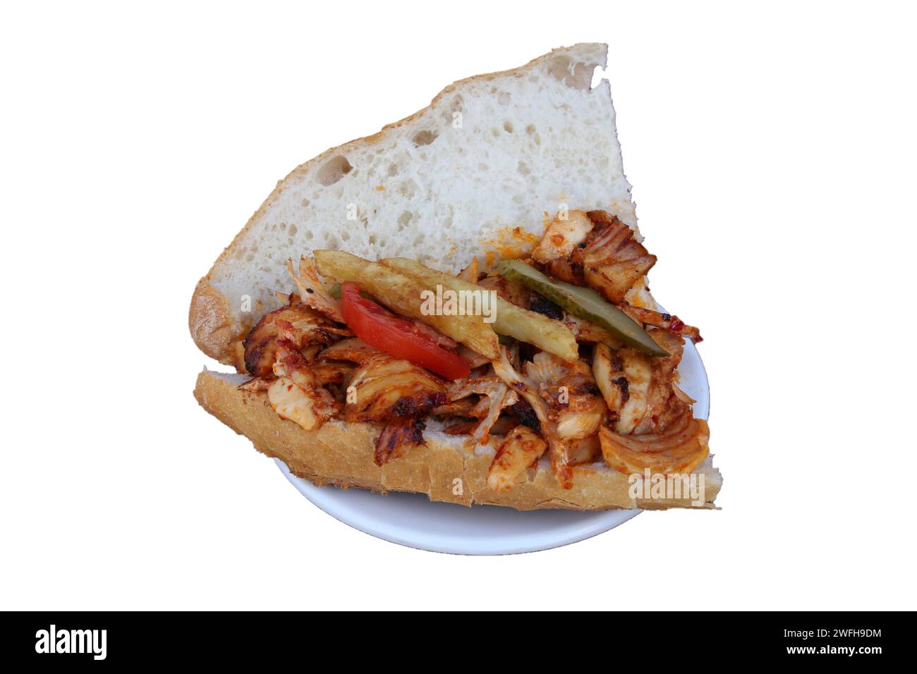 Turkish style chicken doner kebab sandwich, isolated on white