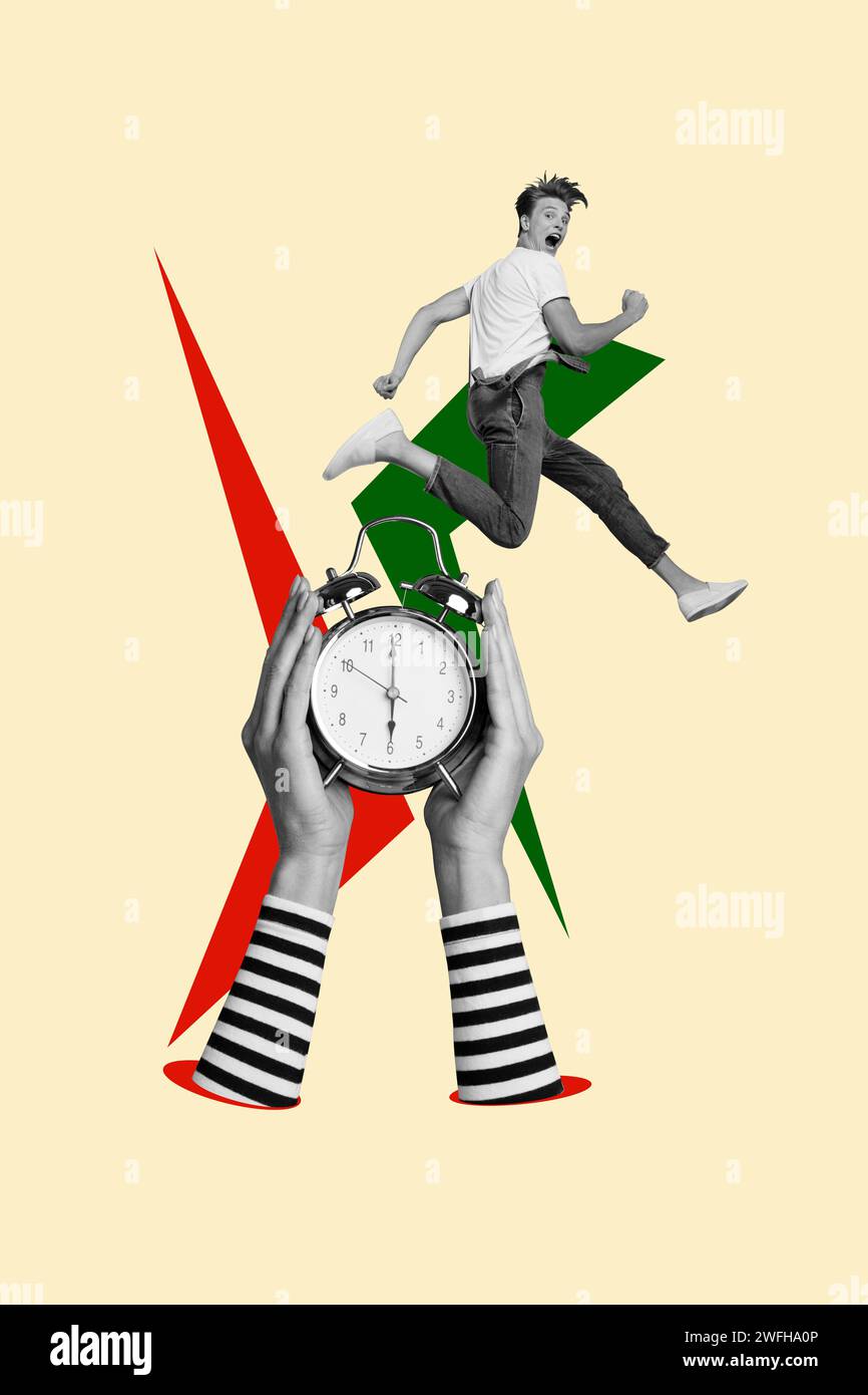 Vertical creative collage image of funny scared man running hands hold