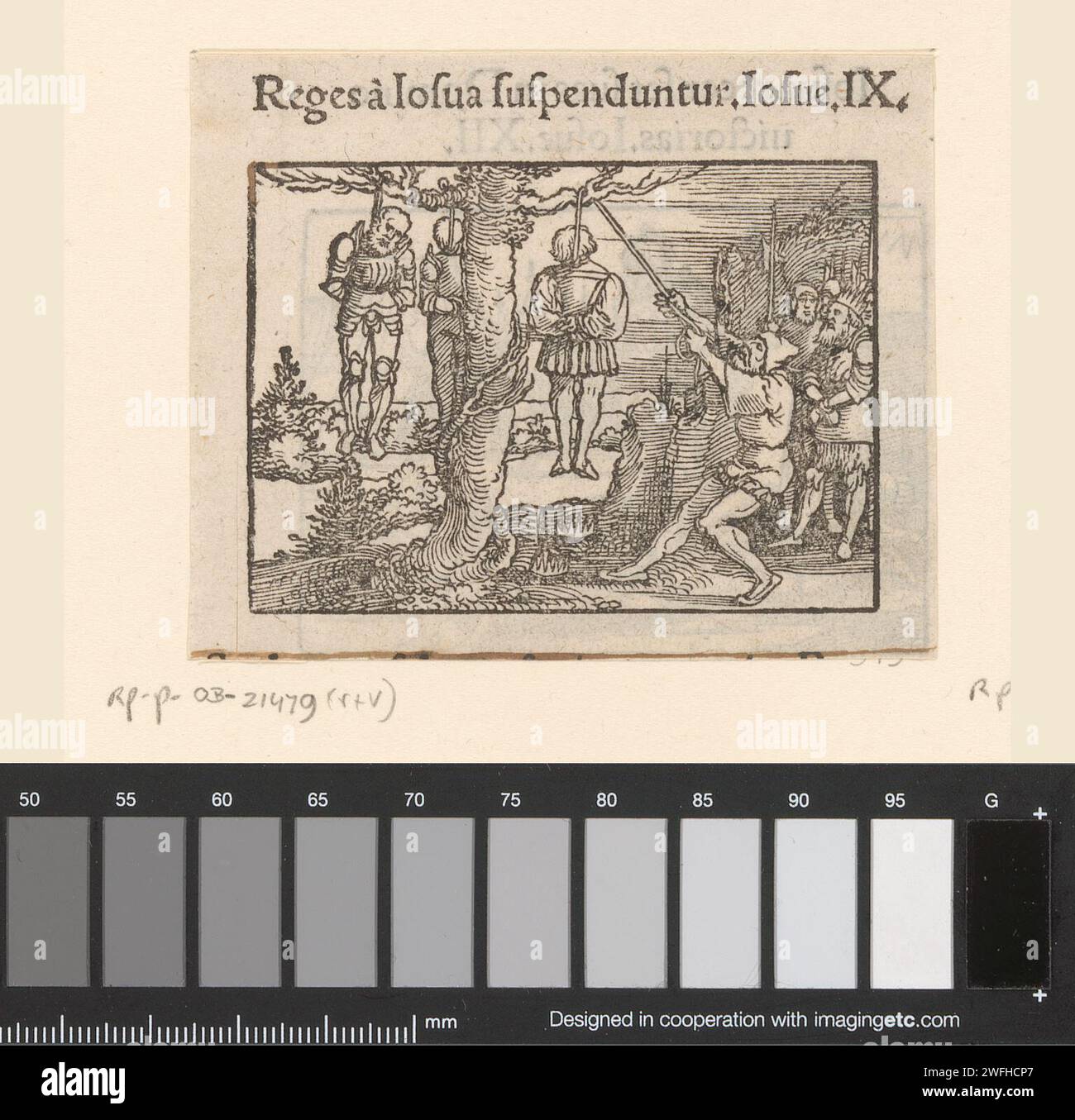 Joshua lets five amoritic kings hang up, Anonymous, After Hans Sebald Beham, 1530 - 1533 print   paper  the five Amorite kings are killed either on Joshua's command or by his own hand, and their bodies are hanged as a display Stock Photo