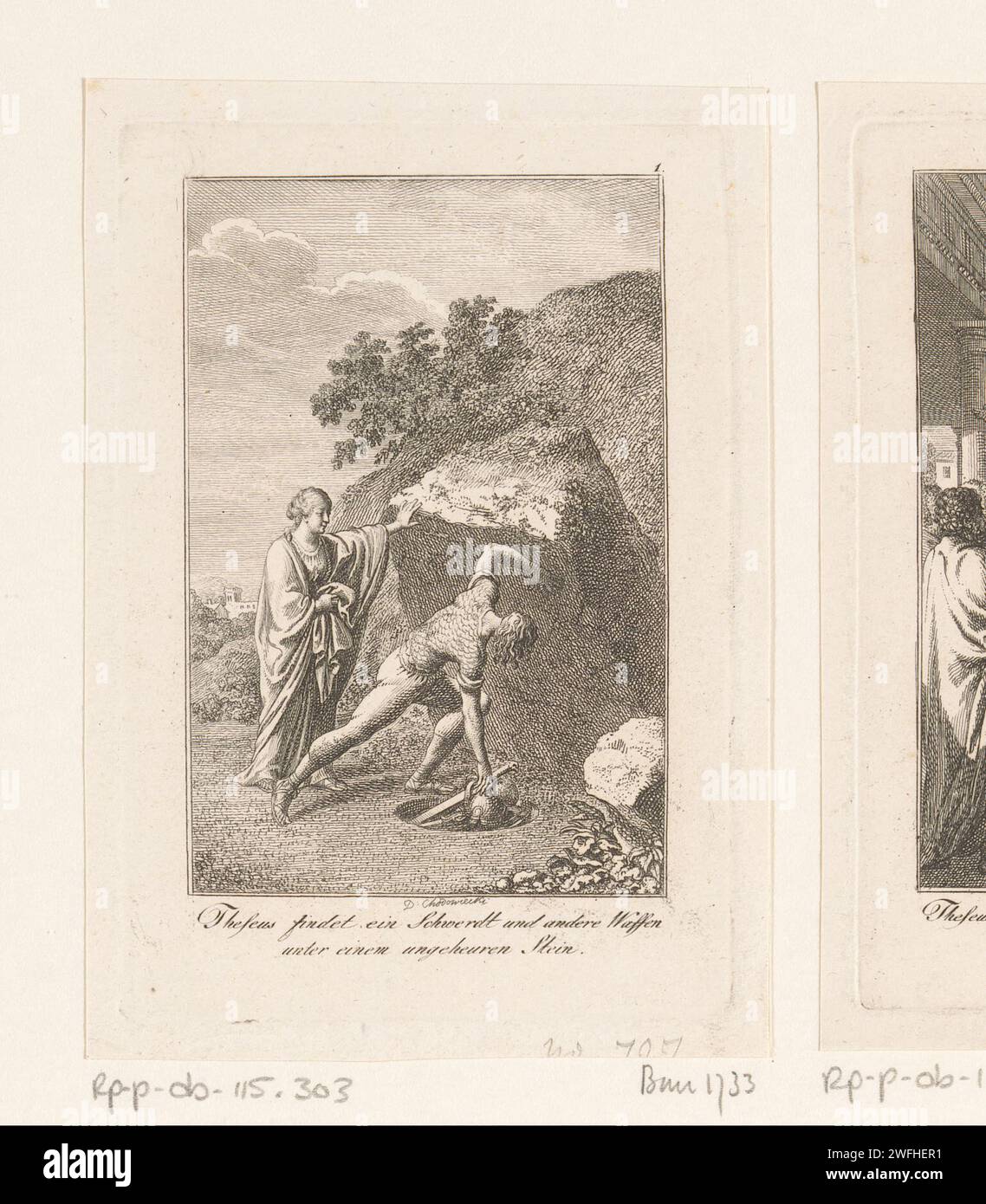 Theseus finds the weapons of his father, Daniel Nikolaus Chodowiecki, 1794 print Numbered at the top right: 1. With caption in German. Berlin paper etching (story of) Theseus. Theseus takes the sword and the sandals of his father Aegeus from under the rock; usually in the presence of his mother Aethra Stock Photo