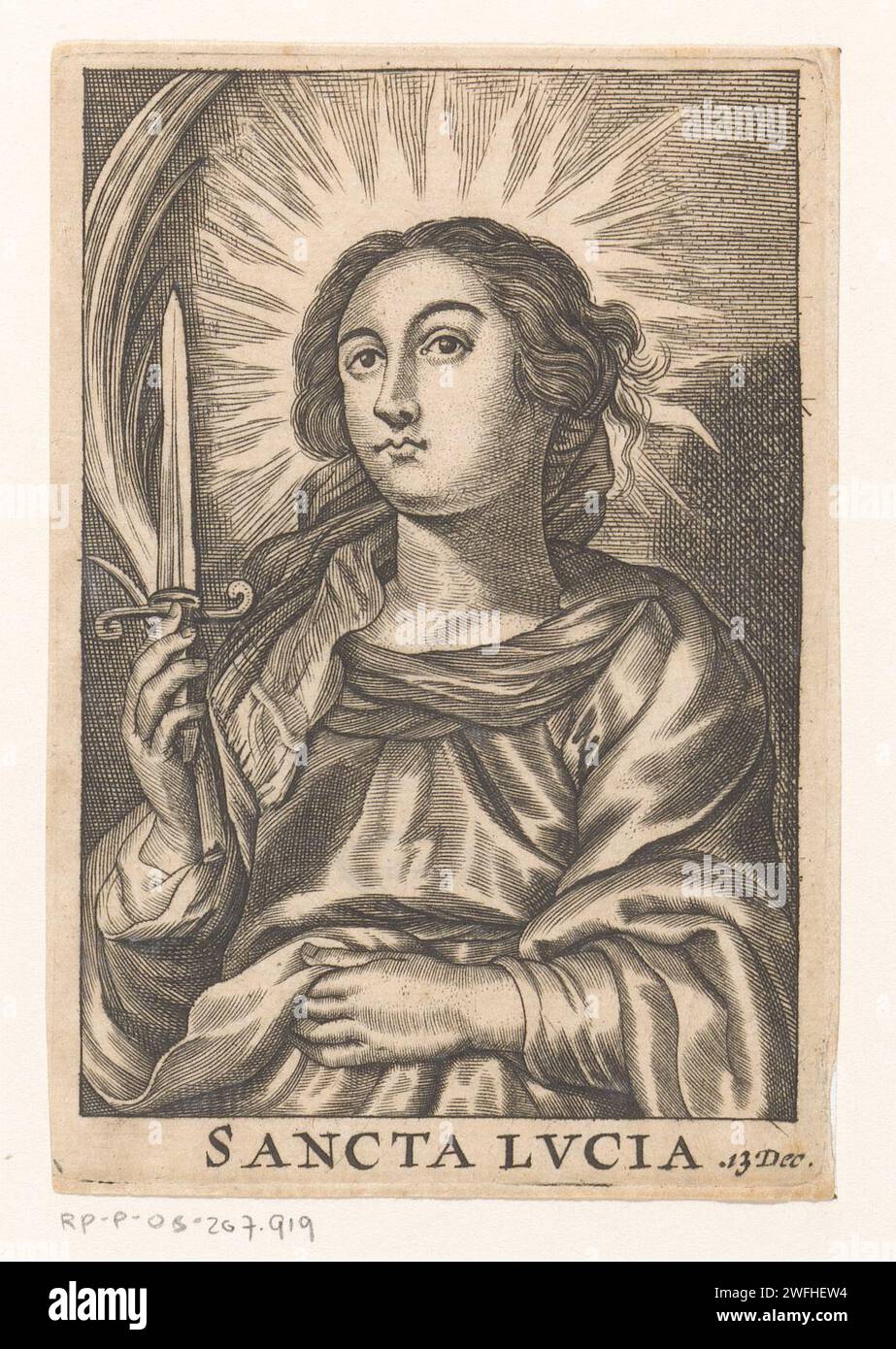 Saint Lucia van Syracuse, Anonymous, After Pieter de Jode (I), After Jan van Mechelen, in or after 1626 print Title and name day in STUDMARGE. Antwerp paper engraving the virgin martyr Lucy (Lucia) of Syracuse; possible attributes: dagger or sword (in neck), eyes, flames at feet, lamp, ox Stock Photo