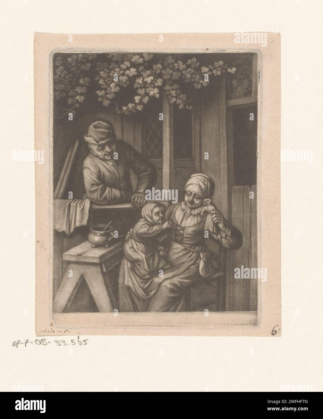 Family for a house with a woman who holds a doll for a child, anonymous, after Adriaen van Ostade, c. 1670 - c. 1720 print  England paper  (playing with) dolls. mother playing with baby (fondling, dandling, crooning) - AA - other person than mother playing with baby Stock Photo