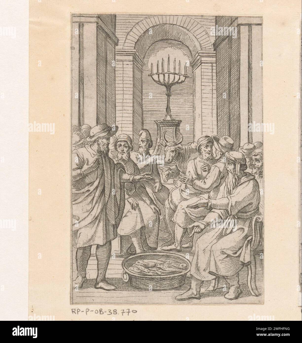 Jewish men in a temple, Anonymous, 1550 - 1649 print Interior of a temple with men around a container filled with fish. It may be the Jewish men who plan the kidnapping of Simon van Trent. In the middle two animals and a menora. Italy paper etching fishes. 'menorah', golden seven-branched candlestick, kept in the Tabernacle Stock Photo