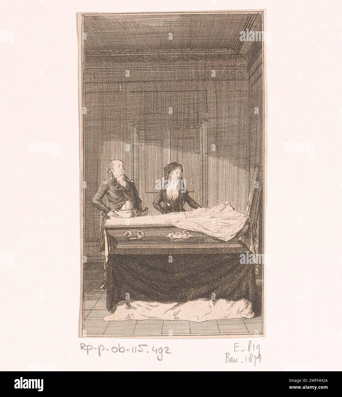 Anne Howe and Oberst morden mourning at the body of Clarissa, Daniel Nikolaus Chodowiecki, 1796 print  Berlin paper etching Literature. the corpse. coffin Stock Photo
